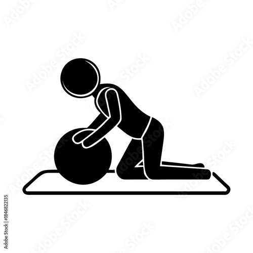 Silhouette of person kneeling on wellness mat with fitness ball, exercise posture .vector icon