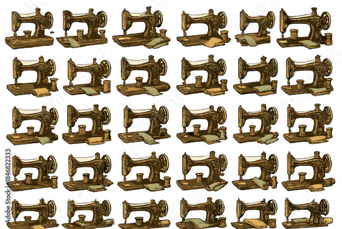 Vintage sewing machines are lined up on a white background showing different designs and patterns created by an artist