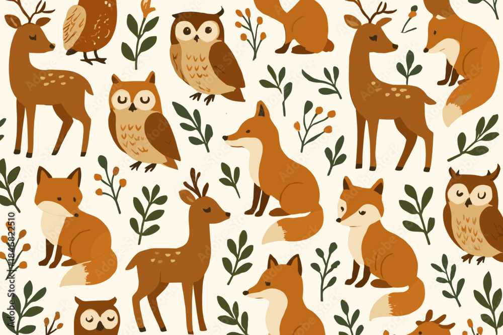 Fototapeta premium Animals in a woodland theme with foxes, deer, and owls among plants on a light background