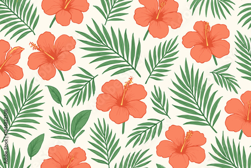 Bright orange hibiscus flowers with green leaves against a light background create a lively tropical pattern for decoration
