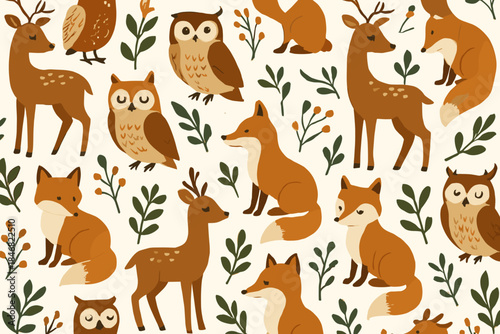 Animals in a woodland theme with foxes, deer, and owls among plants on a light background