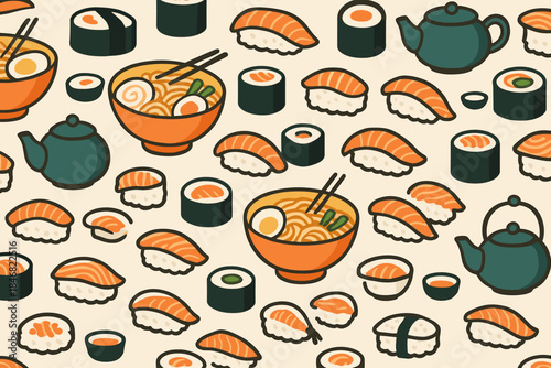 Various types of sushi and ramen laid out on a light background with tea pots all around in a colorful pattern