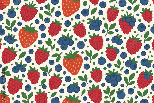 Colorful pattern featuring strawberries, blueberries, and raspberries on a light background