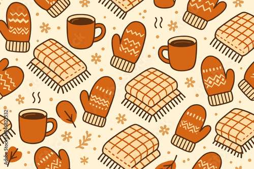 Cozy winter scene with mittens, blankets, and warm drinks placed on a beige background