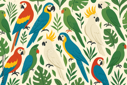 Colorful birds in a tropical pattern with green leaves and plants on a light background