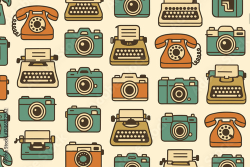 Vintage icons of communication and media arranged in a colorful pattern on a light background