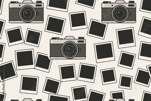 Camera designs with blank photo frames create a creative pattern on a light background for various uses and projects