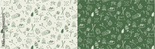 doodle camping seamless pattern background in the forest hiking hand drawing