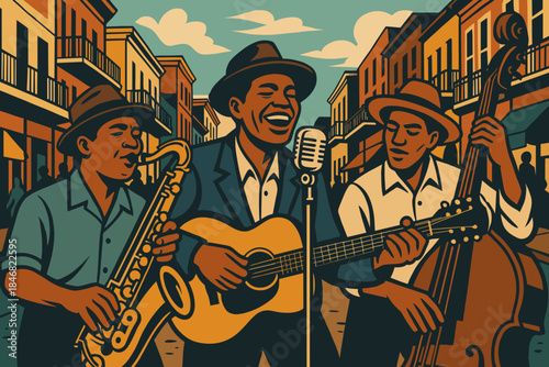 Musicians perform on a lively street in an urban area during a warm afternoon