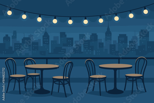 Outdoor dining setup with tables and chairs overlooking a city skyline at night