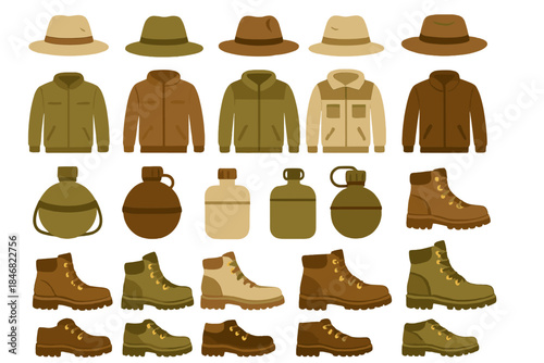 Collection of outdoor gear including jackets, hats, boots, and canteens suitable for hiking or camping activities in nature