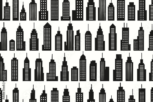 City skyline pattern featuring various building shapes and sizes on a white background