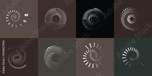 Circular spiral lines element set .Rotate textured vector shapes .Rotating dots form a circle .Rotating and linear design element . Various lines forming round shape . Abstract Geometric line art 