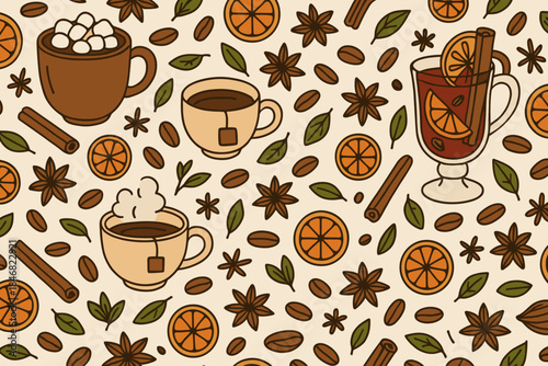 Hot drinks with spices and fruits set in a pattern on light background for cozy winter days and gatherings