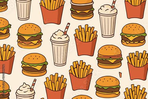 Pattern of burgers, fries, and milkshakes on a light background showing fast food items in a fun layout
