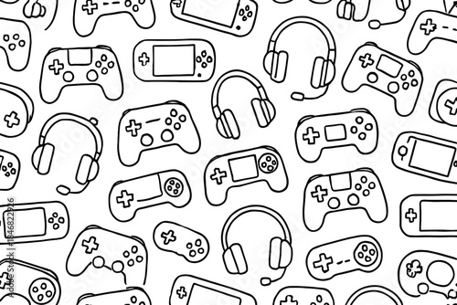 Line drawing of gaming controllers and headsets on a white background