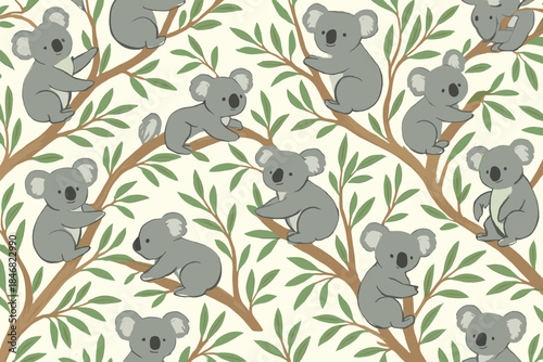 Koalas in trees surrounded by leaves showing activity in a nature setting