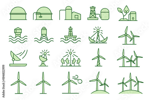 Various symbols representing different types of energy production and resources in simple line art used in renewable energy discussions