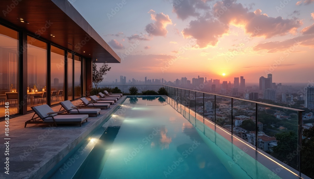 Naklejka premium Rooftop infinity pool reflects warm sunset sky over city skyline. Modern luxury lounge chairs await guests on deck. Penthouse apartment offers expansive urban view, calm water.