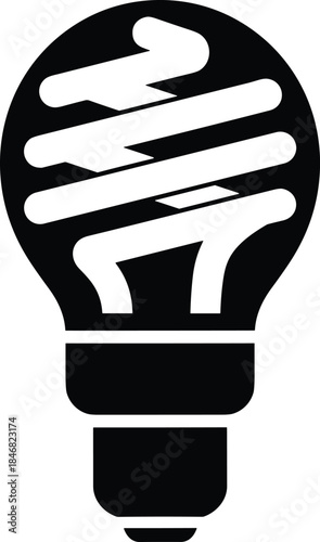 Striking black and white silhouette vector icon of a modern compact fluorescent light bulb, representing energy efficiency, conservation, and eco-friendly lighting solutions.