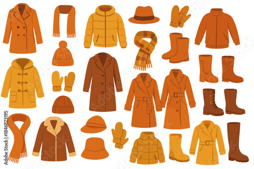 Collection of warm clothing items in orange tones for autumn and winter seasons displayed together on a white background