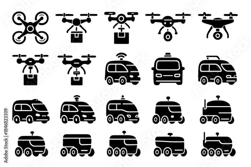 Icons showing delivery drones, vehicles, and various forms of transportation in a grid layout