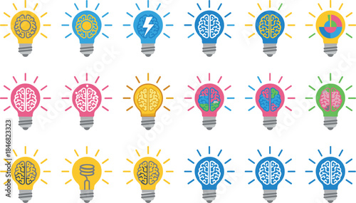 A vibrant collection of vector light bulb icons containing diverse symbols like human brains, charts, and lightning bolts, illustrating complex concepts of creative thinking,