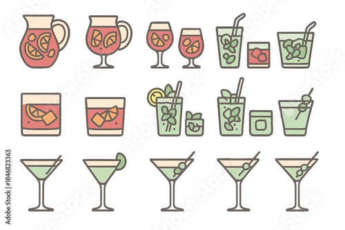 Different types of drinks presented on a flat surface in various styles and colors during a social gathering