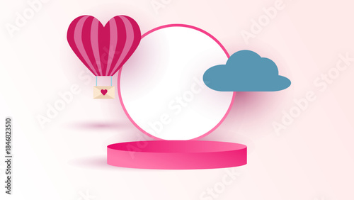 3D pink podium for product display with heart-shaped hot air balloon, envelope, blue cloud, and circular frame. Romantic paper-cut style background for Valentine's Day, love concept, and wedding invit