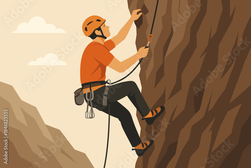 Climber ascends a rocky wall in a mountainous area during daylight hours for an outdoor adventure challenge