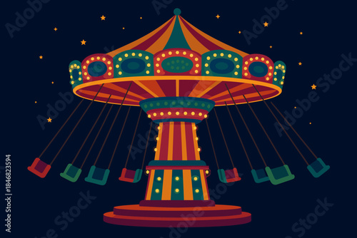 Colorful swing ride in an amusement park at night with bright lights and a dark sky