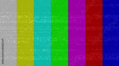 Vibrant retro television test pattern displaying classic vertical color bars with grainy static noise.