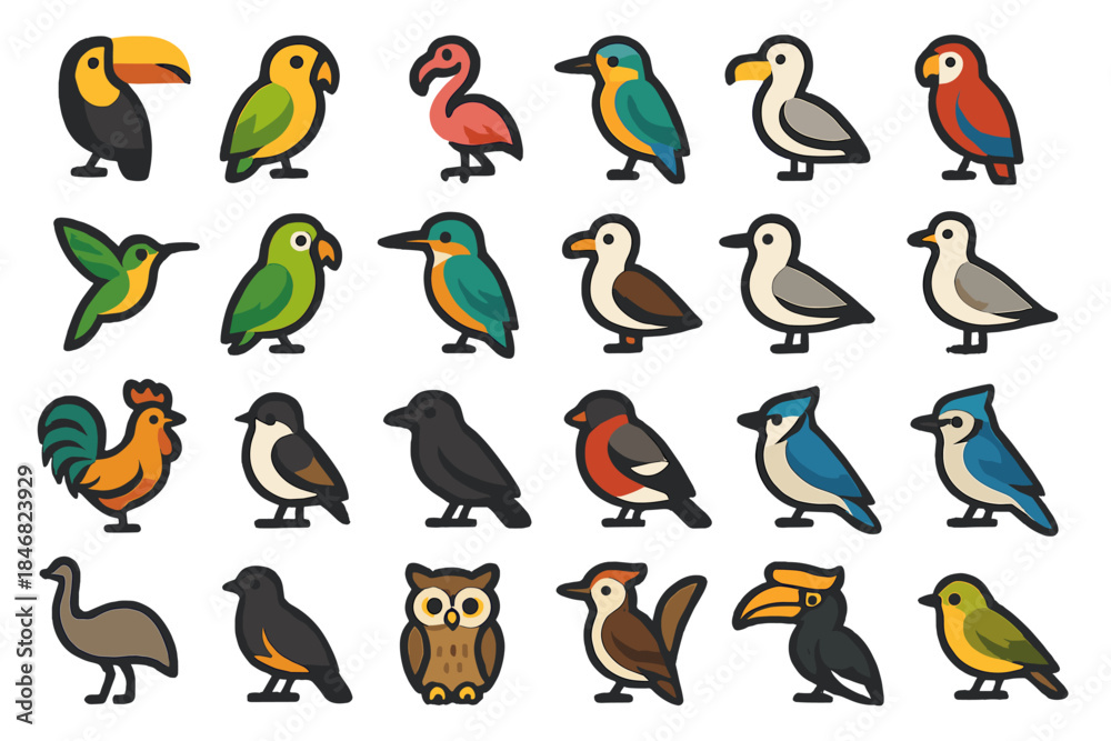 Fototapeta premium Colorful bird illustrations showing a variety of species in different shapes and forms on a simple background