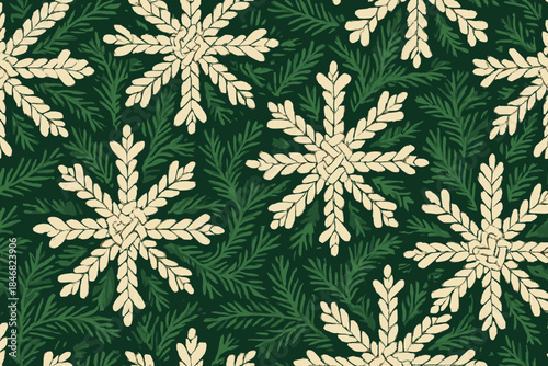 Winter pattern of snowflakes and leaves on a green background with woven designs showcasing seasonal elements