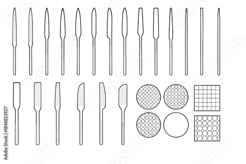 Various types of knives and cutting tools arranged in a grid pattern on a plain background for visual reference or comparison