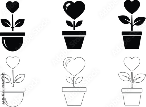 Growing Love Plant Vector Icons – Heart Flower in Pot and Nurturing Symbols