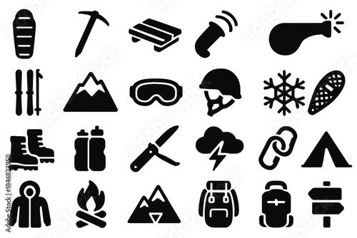 Icons showing different outdoor activities and gear related to snow sports and camping