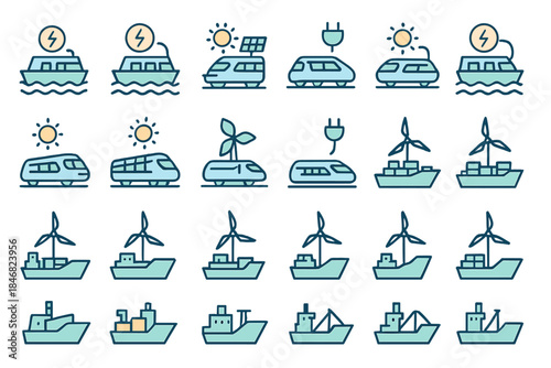Different types of transportation using renewable energy sources in various settings across land and sea