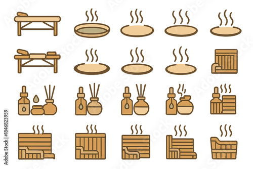 Various symbols representing spa services like massage, steam, and treatment options for wellness activities
