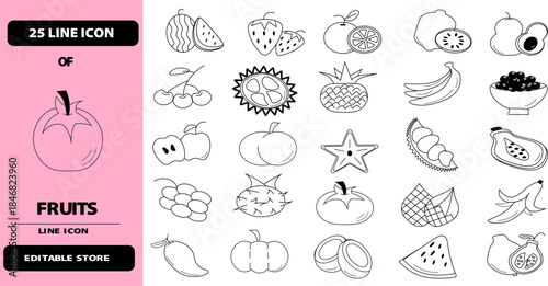 Fruits Icon Set, with watermelon, strawberry, apple, pineapple, orange, dragon fruit and more