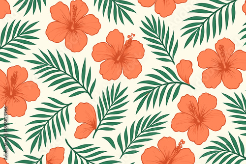 Bright orange hibiscus flowers and green leaves create a simple floral pattern on a light background