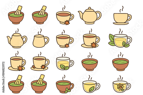 Various types of tea and tea preparation tools in a simple design format