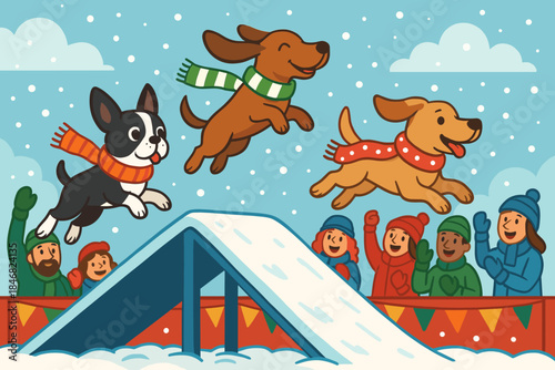 Dogs play in a snowy park as people cheer during a winter festival in a fun outdoor event