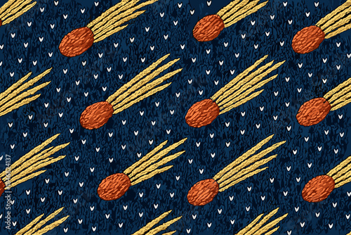 Colorful pattern of comets and lines on a dark background with simple shapes and designs found in fabric art