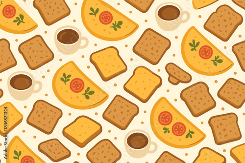 Breakfast items scattered on a light background with coffee, toast, and egg dishes displayed