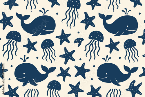 Pattern of whales, jellyfish, and stars on a light background showcasing marine life in a simple design