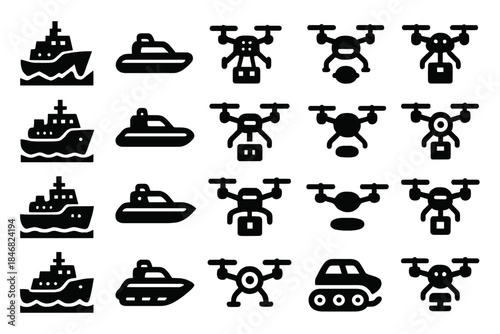 Icon set of ships, submarines, and drones in black and white design suitable for various uses across digital platforms