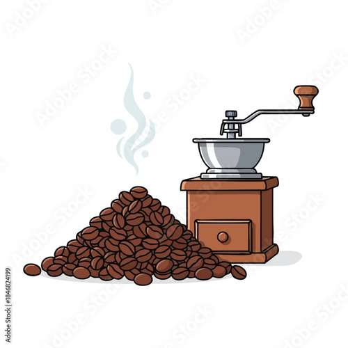 Aromatic Coffee Beans and Vintage Grinder illustration conveying the essence of freshly ground coffee preparation