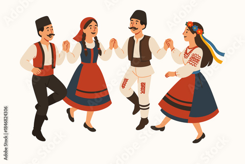 People dance in traditional clothing at a cultural event in a village during a sunny day in summer time