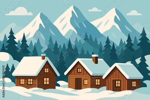 Snowy mountain scene with wooden houses and trees set in a winter landscape under cloudy sky